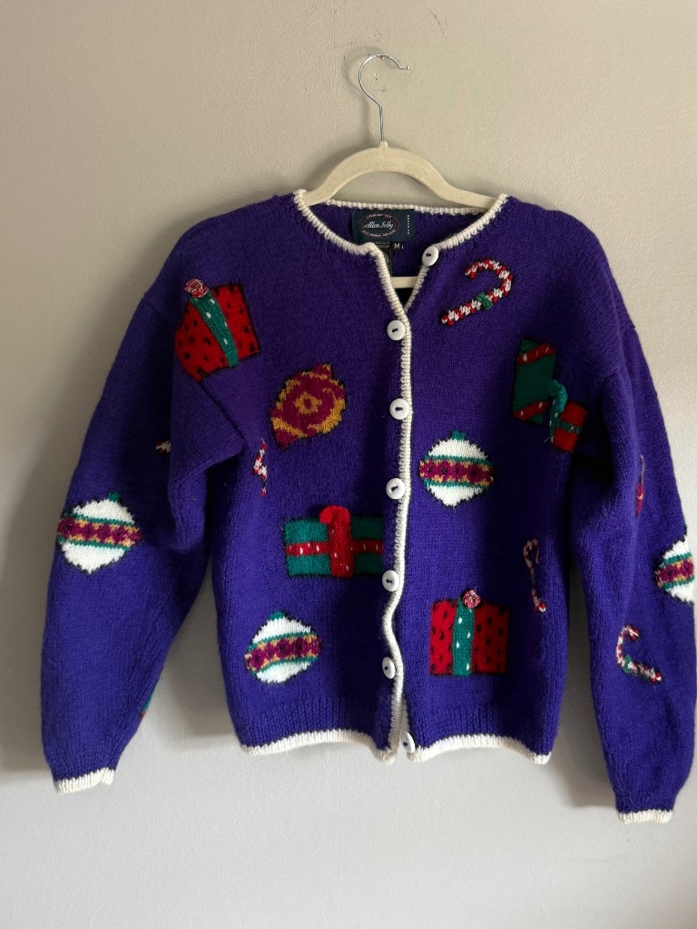 Vintage Allen Solly 100% Wool Christmas Cardigan Purple Holiday M